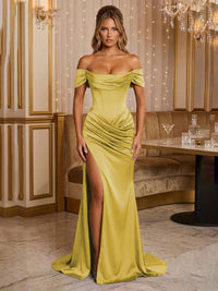 Satin Sheath/Column Off Shoulder Floor-Length Formal Prom Dresses with Corset Bodice, Ruched Waist & Slit