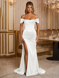 Satin Sheath/Column Off Shoulder Floor-Length Formal Prom Dresses with Corset Bodice, Ruched Waist & Slit