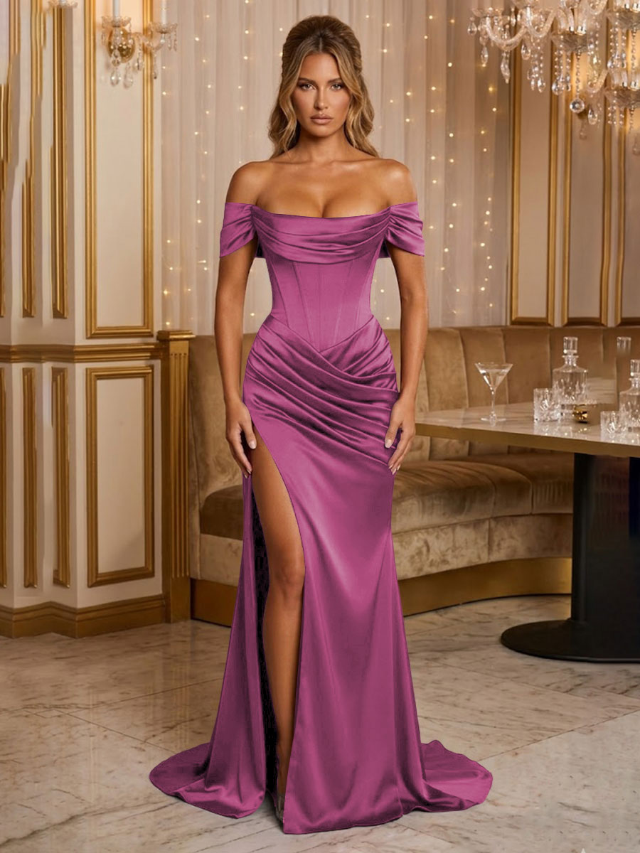 Satin Sheath/Column Off Shoulder Floor-Length Formal Prom Dresses with Corset Bodice, Ruched Waist & Slit