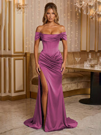 Satin Sheath/Column Off Shoulder Floor-Length Formal Prom Dresses with Corset Bodice, Ruched Waist & Slit