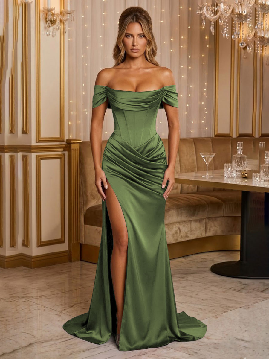 Satin Sheath/Column Off Shoulder Floor-Length Formal Prom Dresses with Corset Bodice, Ruched Waist & Slit