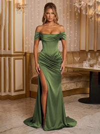 Satin Sheath/Column Off Shoulder Floor-Length Formal Prom Dresses with Corset Bodice, Ruched Waist & Slit