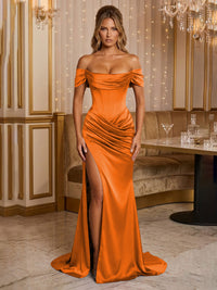 Satin Sheath/Column Off Shoulder Floor-Length Formal Prom Dresses with Corset Bodice, Ruched Waist & Slit