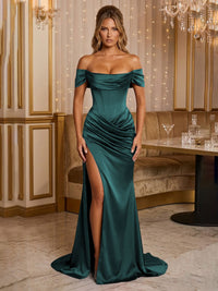 Satin Sheath/Column Off Shoulder Floor-Length Formal Prom Dresses with Corset Bodice, Ruched Waist & Slit