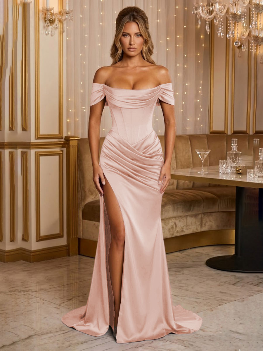 Satin Sheath/Column Off Shoulder Floor-Length Formal Prom Dresses with Corset Bodice, Ruched Waist & Slit
