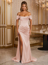 Satin Sheath/Column Off Shoulder Floor-Length Formal Prom Dresses with Corset Bodice, Ruched Waist & Slit