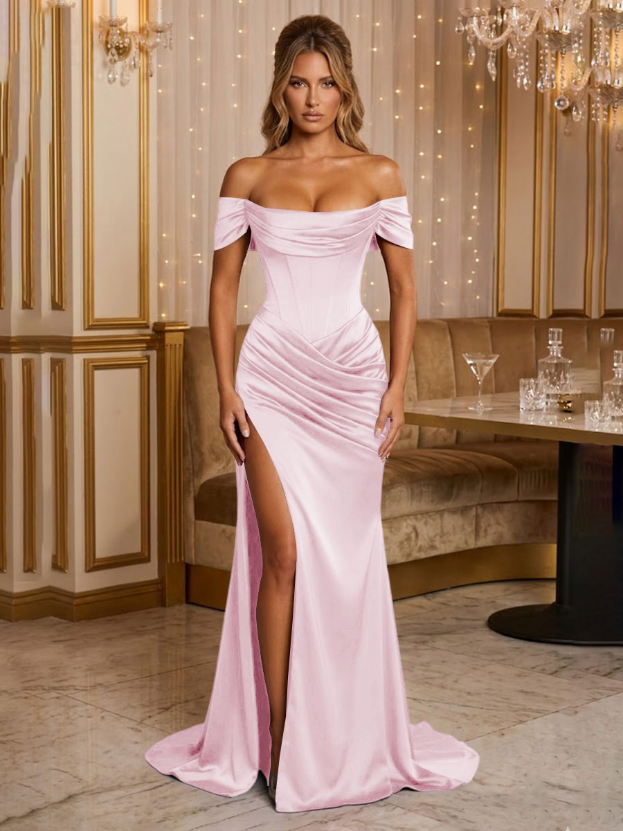 Satin Sheath/Column Off Shoulder Floor-Length Formal Prom Dresses with Corset Bodice, Ruched Waist & Slit