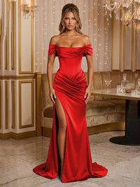 Satin Sheath/Column Off Shoulder Floor-Length Formal Prom Dresses with Corset Bodice, Ruched Waist & Slit