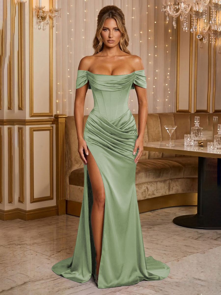 Satin Sheath/Column Off Shoulder Floor-Length Formal Prom Dresses with Corset Bodice, Ruched Waist & Slit