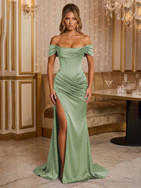 Satin Sheath/Column Off Shoulder Floor-Length Formal Prom Dresses with Corset Bodice, Ruched Waist & Slit