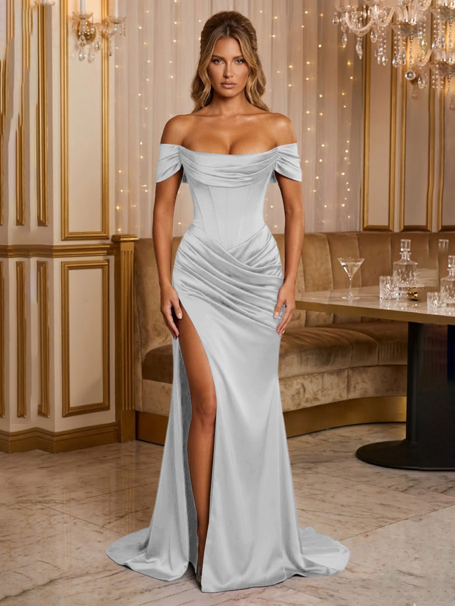 Satin Sheath/Column Off Shoulder Floor-Length Formal Prom Dresses with Corset Bodice, Ruched Waist & Slit