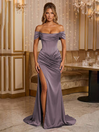Satin Sheath/Column Off Shoulder Floor-Length Formal Prom Dresses with Corset Bodice, Ruched Waist & Slit