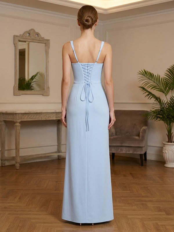 Satin Sheath/Column Spaghetti Straps Floor-Length Prom Dresses with Ruched Waist & Slit