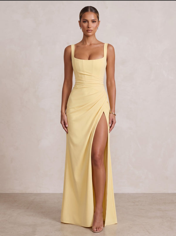 Satin Sheath/Column Spaghetti Straps Floor-Length Formal Prom Dresses with Ruched Waist & Slit