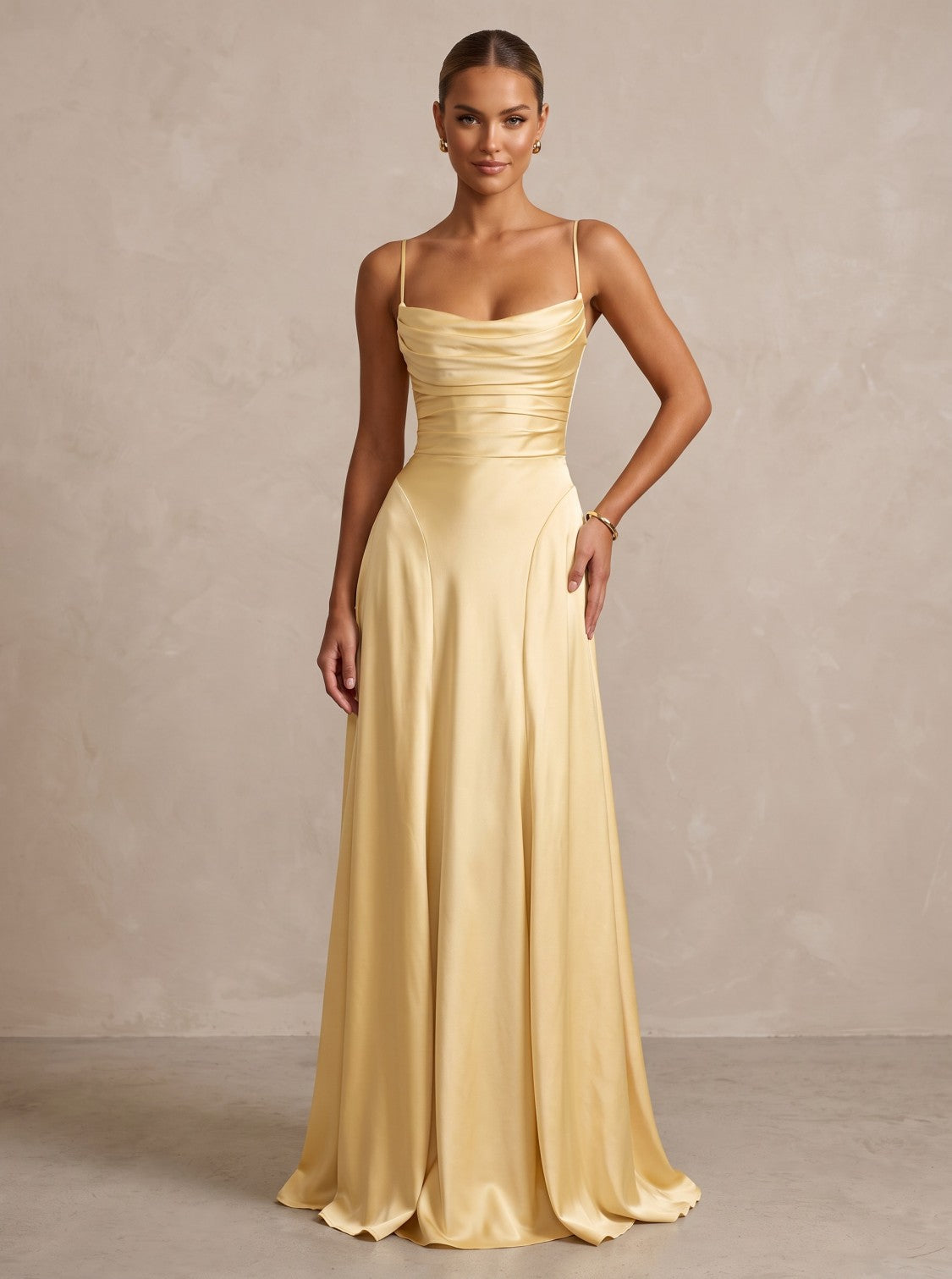 Satin A-Line/Princess Spaghetti Straps Floor-Length Formal Prom Dresses with Pleats