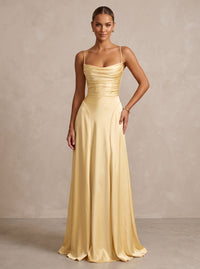 Satin A-Line/Princess Spaghetti Straps Floor-Length Formal Prom Dresses with Pleats