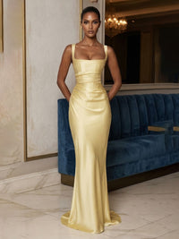 Satin Sheath/Column Square Neck Floor-Length Prom Dresses with Corset Bodice