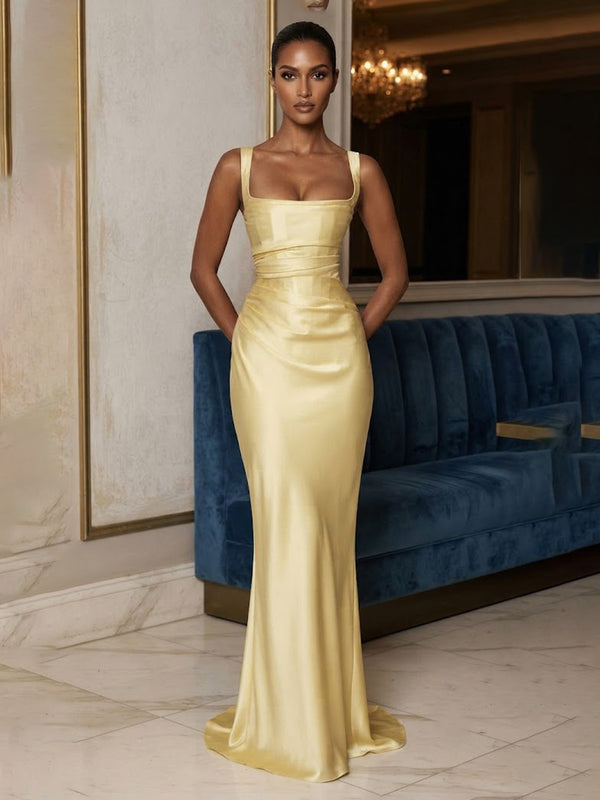 Satin Sheath/Column Square Neck Floor-Length Prom Dresses with Corset Bodice