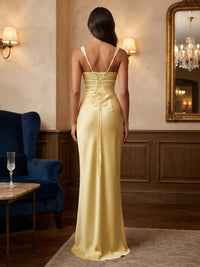 Satin Sheath/Column Square Neck Floor-Length Prom Dresses with Corset Bodice
