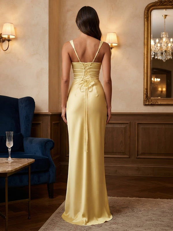 Satin Sheath/Column Square Neck Floor-Length Prom Dresses with Corset Bodice