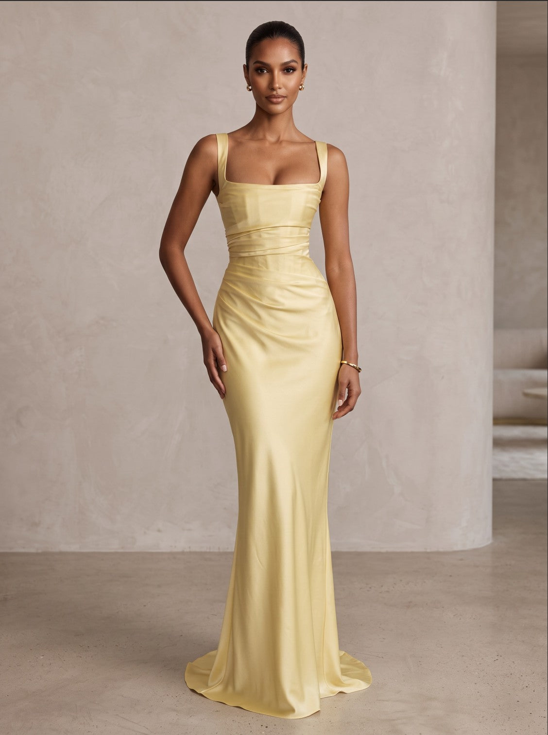 Satin Sheath/Column Square Neck Floor-Length Formal Prom Dresses with Corset Bodice