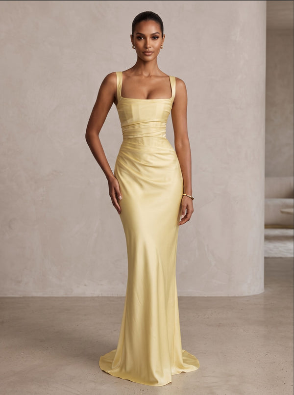 Satin Sheath/Column Square Neck Floor-Length Formal Prom Dresses with Corset Bodice