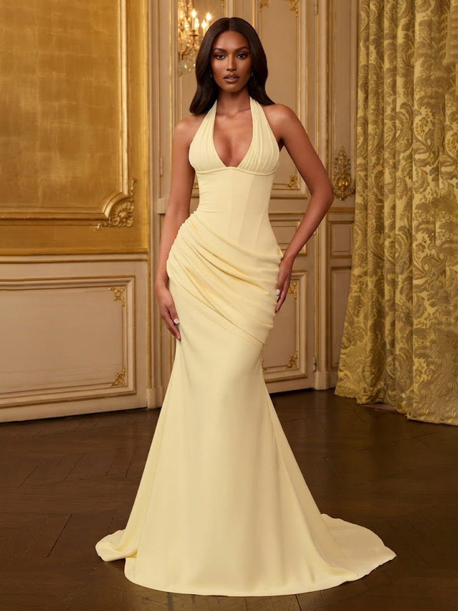 Stretch Jersey Mermaid/Trumpet Halter Floor-Length Prom Dresses with Corset & Ruched Waist