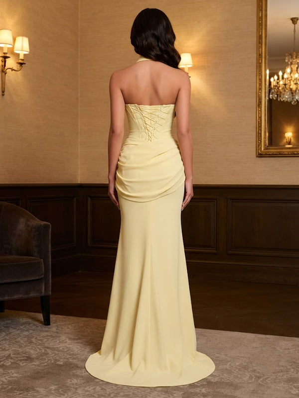 Stretch Jersey Mermaid/Trumpet Halter Floor-Length Prom Dresses with Corset & Ruched Waist