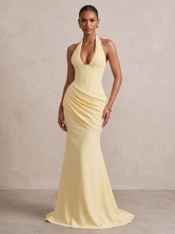 Stretch Jersey Mermaid/Trumpet Halter Floor-Length Formal Prom Dresses with Corset & Ruched Waist