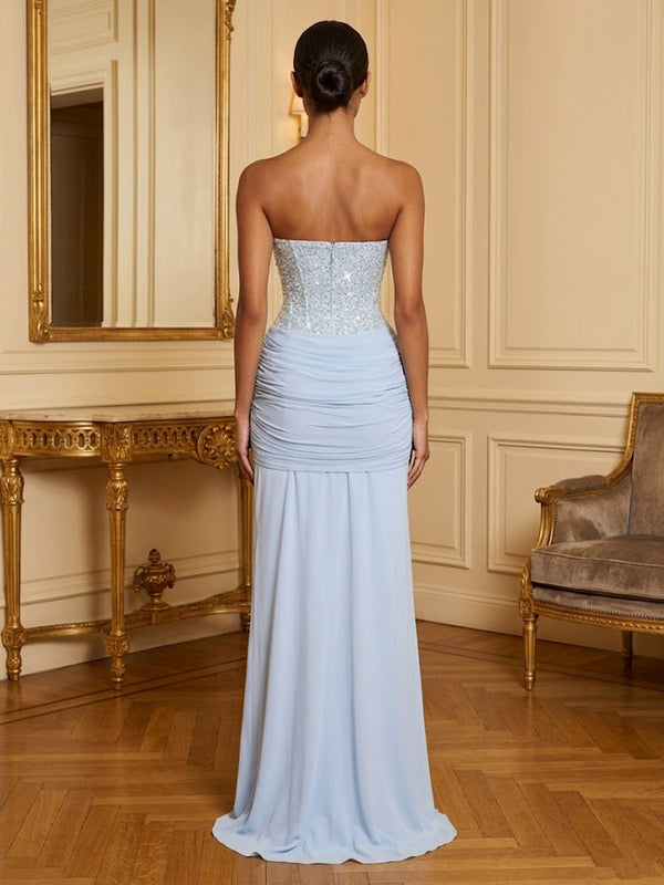 Stretch Jersey Sheath/Column Strapless Floor-Length Prom Dresses with Sequin Bodice & Pleats