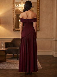 Chiffon A-Line/Princess Off Shoulder Floor-Length Prom Dresses with Pleats & Slit