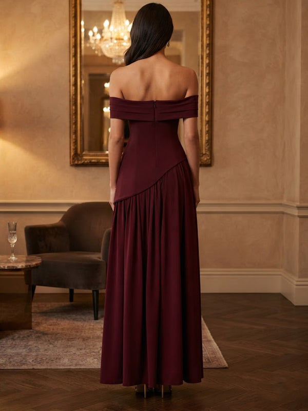Chiffon A-Line/Princess Off Shoulder Floor-Length Prom Dresses with Pleats & Slit
