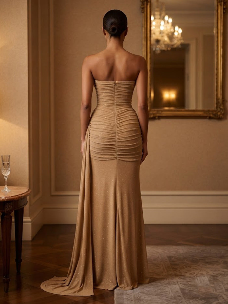Sequin Sheath/Column Strapless Floor-Length Prom Dresses with Ruched Waist