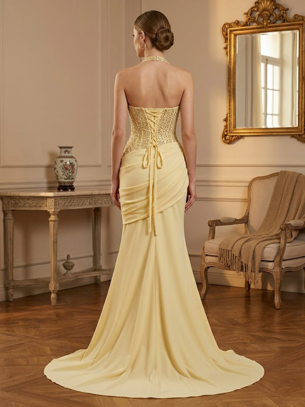 Stretch Jersey Mermaid/Trumpet Halter Floor-Length Prom Dresses with Sequin Bodice
