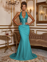 Stretch Jersey Mermaid/Trumpet Halter Floor-Length Formal Prom Dresses with Sequin Bodice