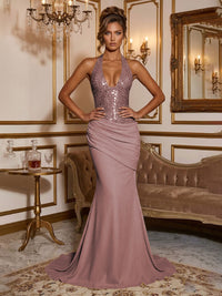Stretch Jersey Mermaid/Trumpet Halter Floor-Length Formal Prom Dresses with Sequin Bodice