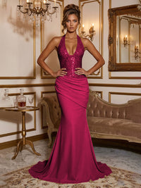 Stretch Jersey Mermaid/Trumpet Halter Floor-Length Formal Prom Dresses with Sequin Bodice