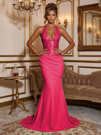 Stretch Jersey Mermaid/Trumpet Halter Floor-Length Formal Prom Dresses with Sequin Bodice