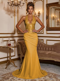 Stretch Jersey Mermaid/Trumpet Halter Floor-Length Formal Prom Dresses with Sequin Bodice