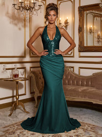Stretch Jersey Mermaid/Trumpet Halter Floor-Length Formal Prom Dresses with Sequin Bodice
