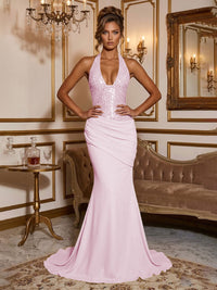 Stretch Jersey Mermaid/Trumpet Halter Floor-Length Formal Prom Dresses with Sequin Bodice