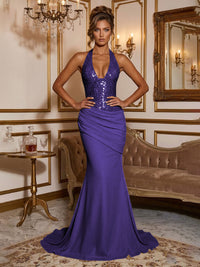 Stretch Jersey Mermaid/Trumpet Halter Floor-Length Formal Prom Dresses with Sequin Bodice