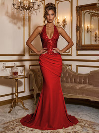 Stretch Jersey Mermaid/Trumpet Halter Floor-Length Formal Prom Dresses with Sequin Bodice