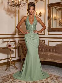 Stretch Jersey Mermaid/Trumpet Halter Floor-Length Formal Prom Dresses with Sequin Bodice