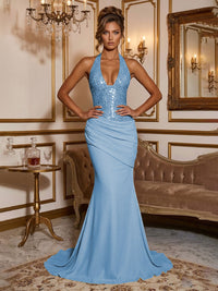 Stretch Jersey Mermaid/Trumpet Halter Floor-Length Formal Prom Dresses with Sequin Bodice