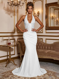 Stretch Jersey Mermaid/Trumpet Halter Floor-Length Formal Prom Dresses with Sequin Bodice