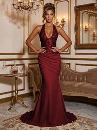 Stretch Jersey Mermaid/Trumpet Halter Floor-Length Formal Prom Dresses with Sequin Bodice