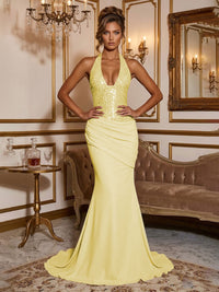 Stretch Jersey Mermaid/Trumpet Halter Floor-Length Formal Prom Dresses with Sequin Bodice