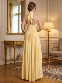 Chiffon A-Line/Princess Halter Floor-Length Prom Dresses with Pleats & Slit