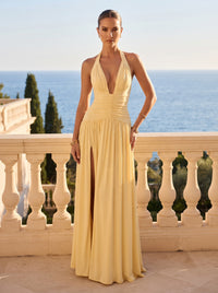Chiffon A-Line/Princess Halter Floor-Length Formal Prom Dresses with Pleats & Slit